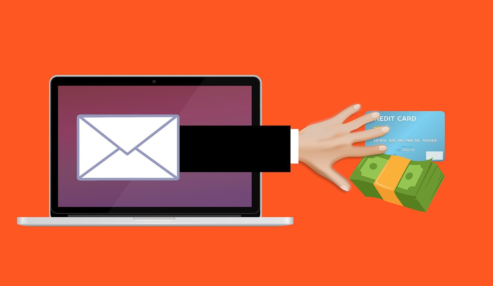 Ilustración de una laptop con un sobre de correo y una mano que roba una tarjeta y billetes